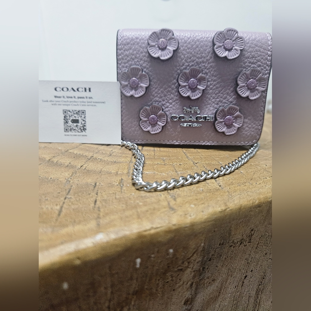 NWT Coach Mini Wallet On Chain Floral Applique Pebbled Leather Lilac CAL71